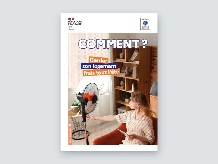 Mockup de la couverture du guide ADEME « Comment garder son logement frais tout l'été ? », collection Clés pour agir