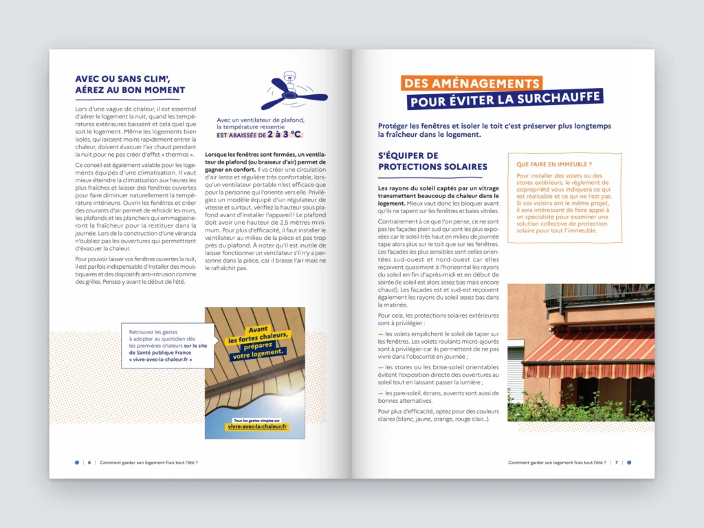 Mockup d'une double page du guide ADEME : aménagements contre la surchauffe, ventilateur de plafond et protections solaires