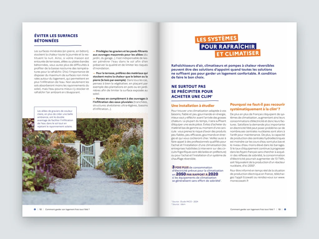 Mockup d'une double page du guide ADEME : surfaces bétonnées et chapitre sur les systèmes pour rafraîchir et climatiser