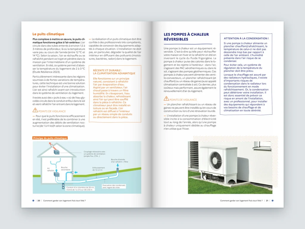 Mockup d'une double page du guide ADEME : puits climatique avec schéma et pompes à chaleur réversibles