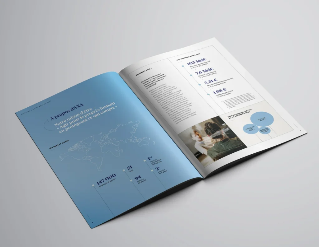 Mockup d'une double page du guide de l'actionnaire AXA : à propos d'AXA, chiffres clés et carte du monde