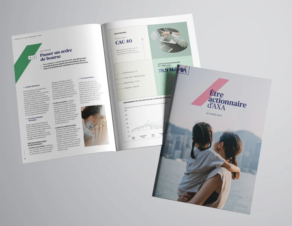 Mockup du guide de l'actionnaire AXA : couverture et double page sur le passage d'un ordre de bourse