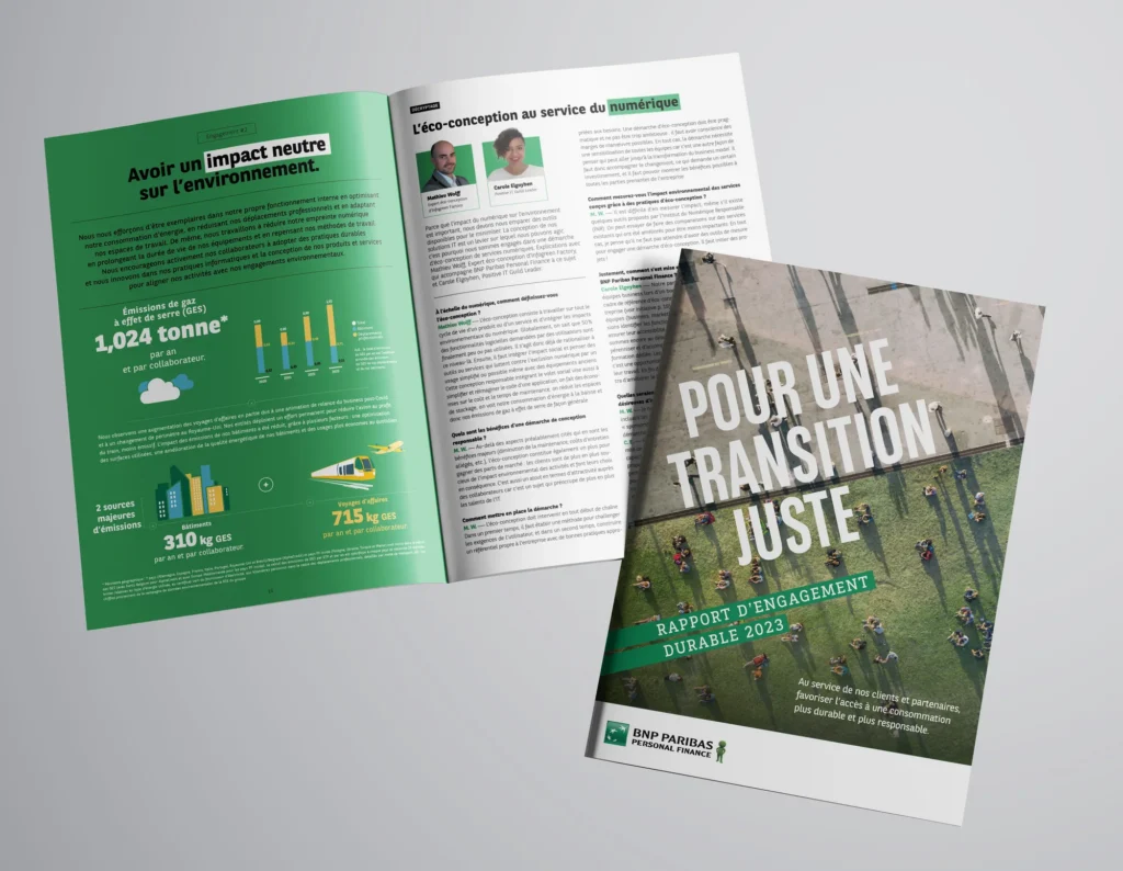 Mockup du rapport BNP Paribas Personal Finance : couverture et double page sur l'éco-conception