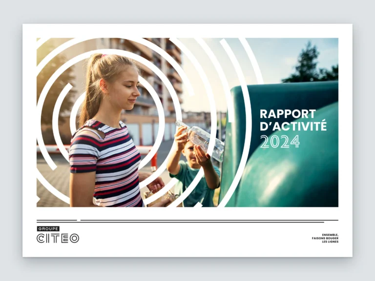 Mockup de la couverture du rapport d'activité 2024 du groupe Citeo, avec une jeune femme et des cercles graphiques