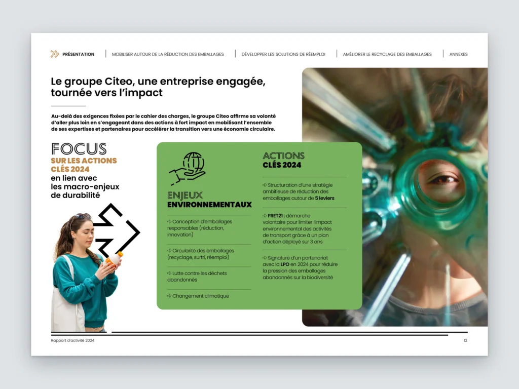 Mockup d'une page du rapport d'activité Citeo : focus sur les actions clés 2024, enjeux environnementaux et photo d'un œil à travers un flacon