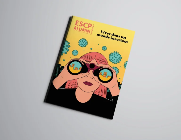 Mockup de la couverture de l'ESCP Alumni Magazine n°193, dossier « Vivre dans un monde incertain »