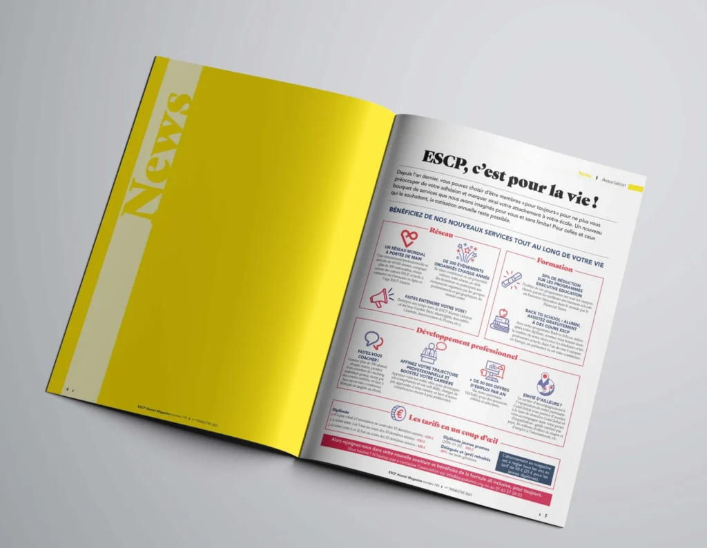 Mockup d'une double page de l'ESCP Alumni Magazine : rubrique News, « ESCP, c'est pour la vie ! »