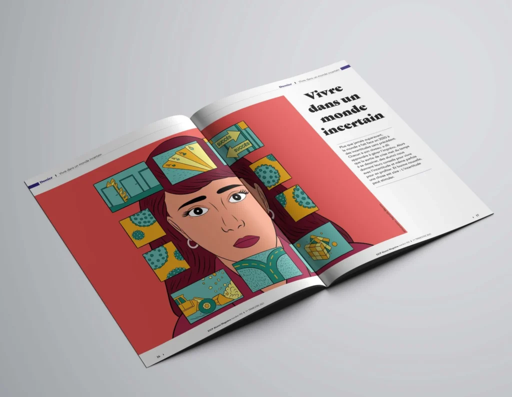 Mockup de la double page d'ouverture du dossier « Vivre dans un monde incertain » de l'ESCP Alumni Magazine