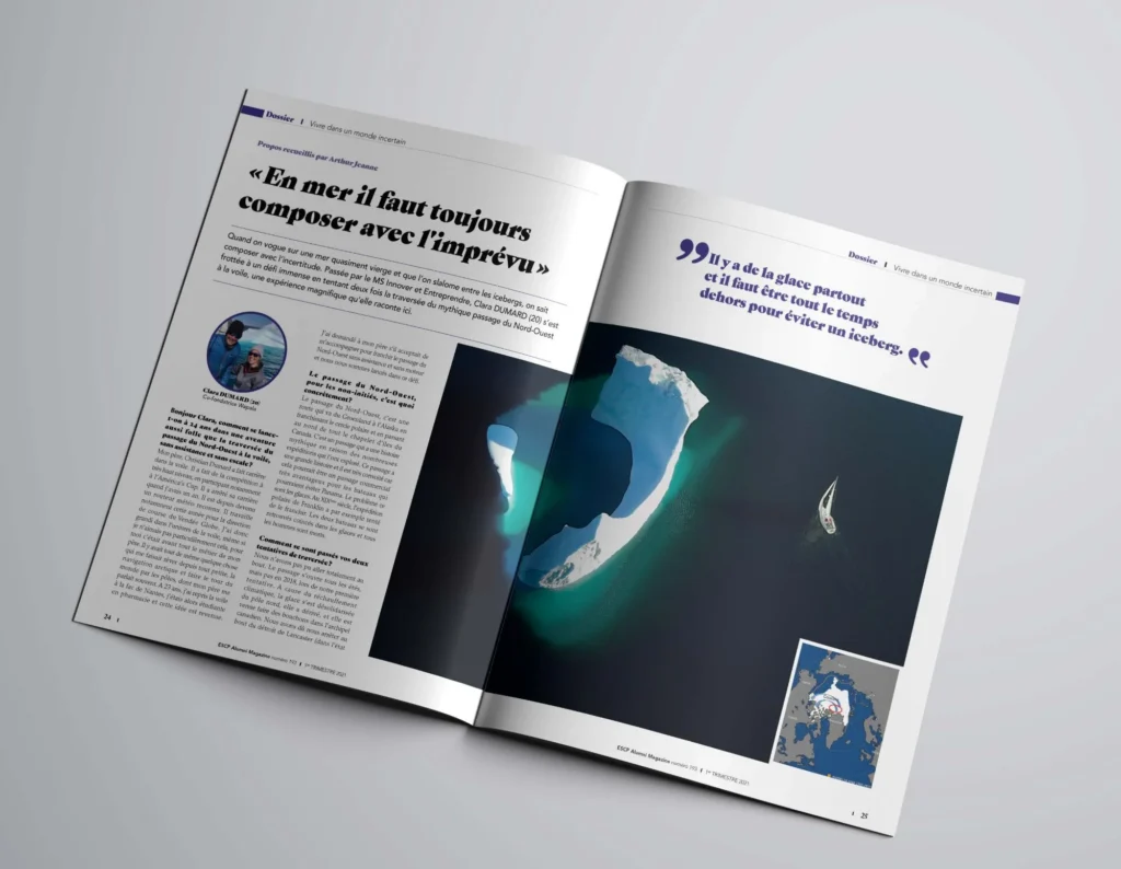 Mockup d'une double page de l'ESCP Alumni Magazine : interview de Clara Dumard sur le passage du Nord-Ouest