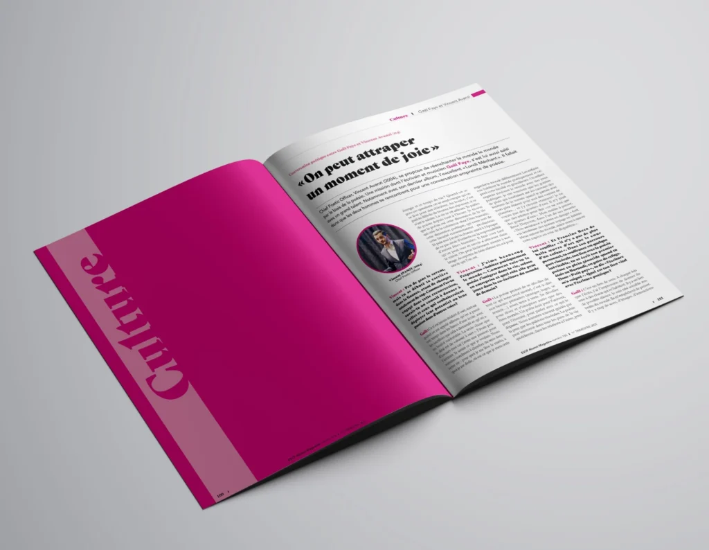 Mockup d'une double page de l'ESCP Alumni Magazine : rubrique Culture, conversation poétique