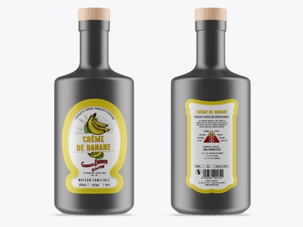 Mockup des bouteilles de crème de banane Gabriel Boudier : étiquette de face et contre-étiquette jaunes avec recette du San Francisco