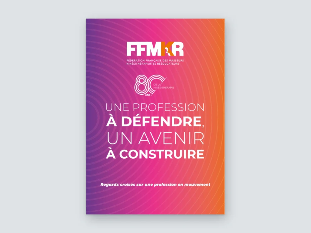 Mockup de la couverture du Manifeste 2026 de la FFMKR, « Une profession à défendre, un avenir à construire », dégradé violet, rose et orange