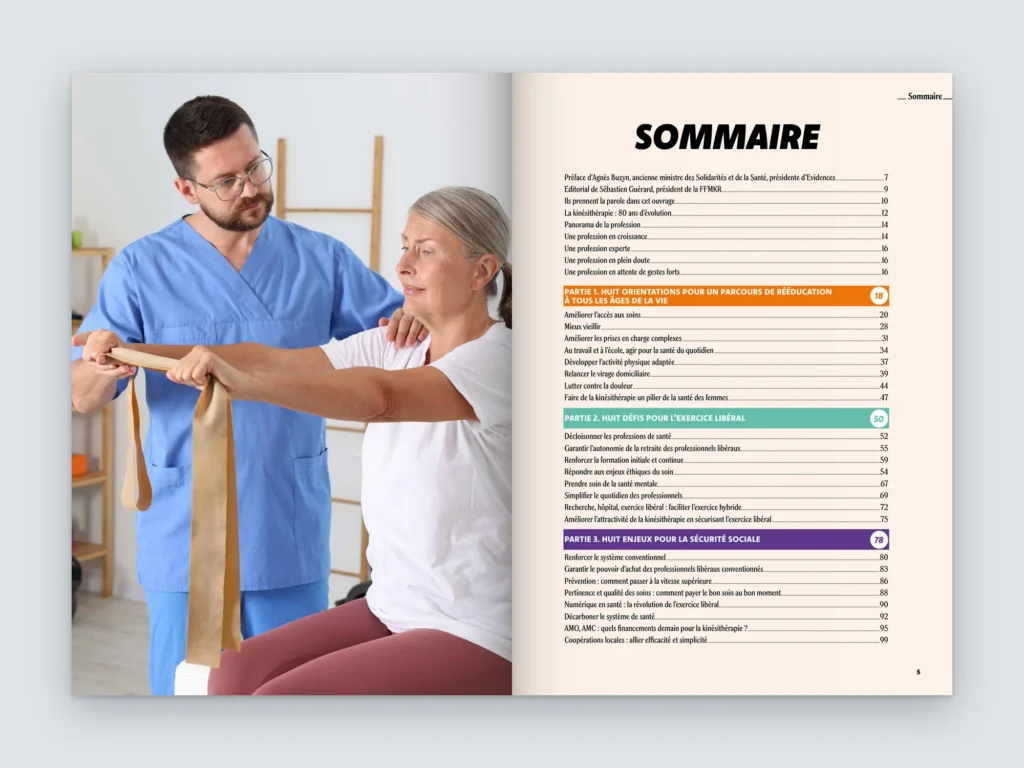 Mockup d'une double page du Manifeste FFMKR : photo d'un kinésithérapeute et sommaire en trois parties