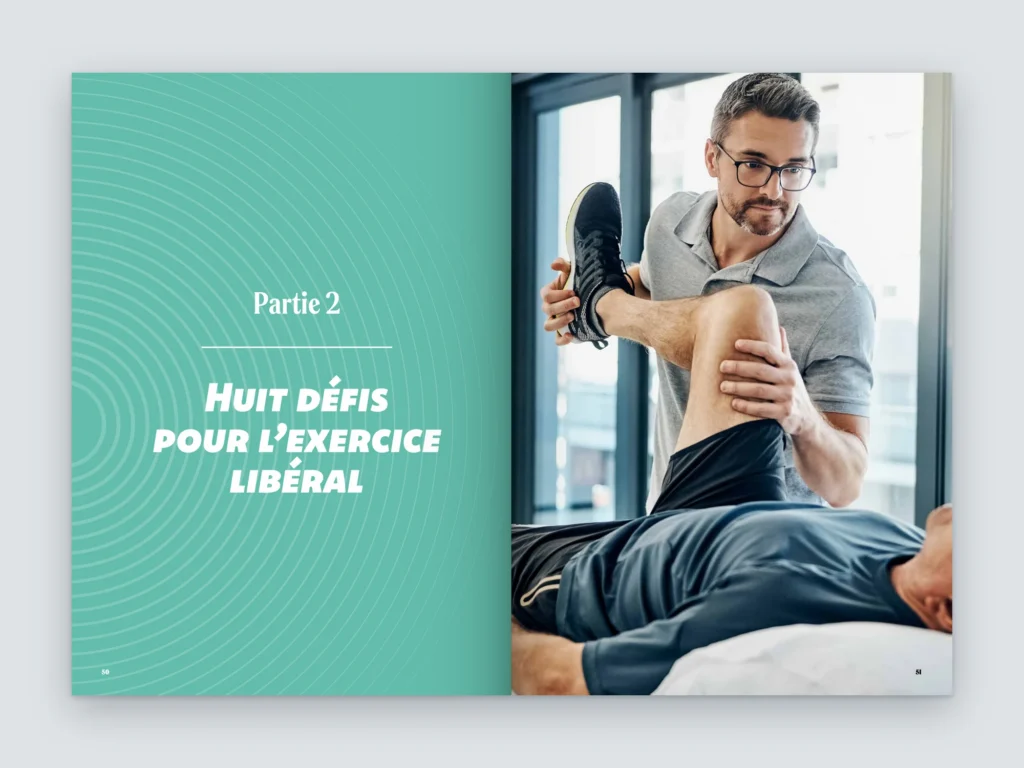Mockup de la double page d'ouverture de la partie 2 du Manifeste FFMKR, « Huit défis pour l'exercice libéral », sur fond turquoise