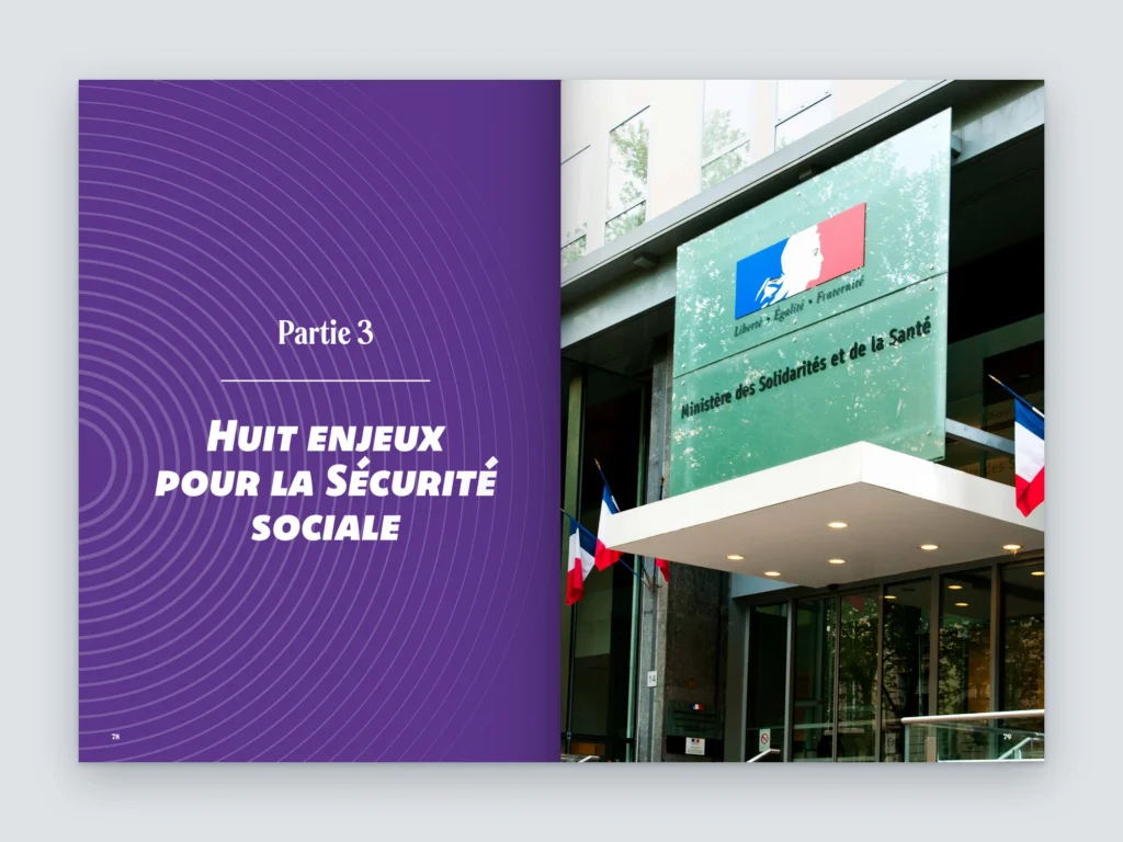 Mockup de la double page d'ouverture de la partie 3 du Manifeste FFMKR, « Huit enjeux pour la Sécurité sociale », sur fond violet