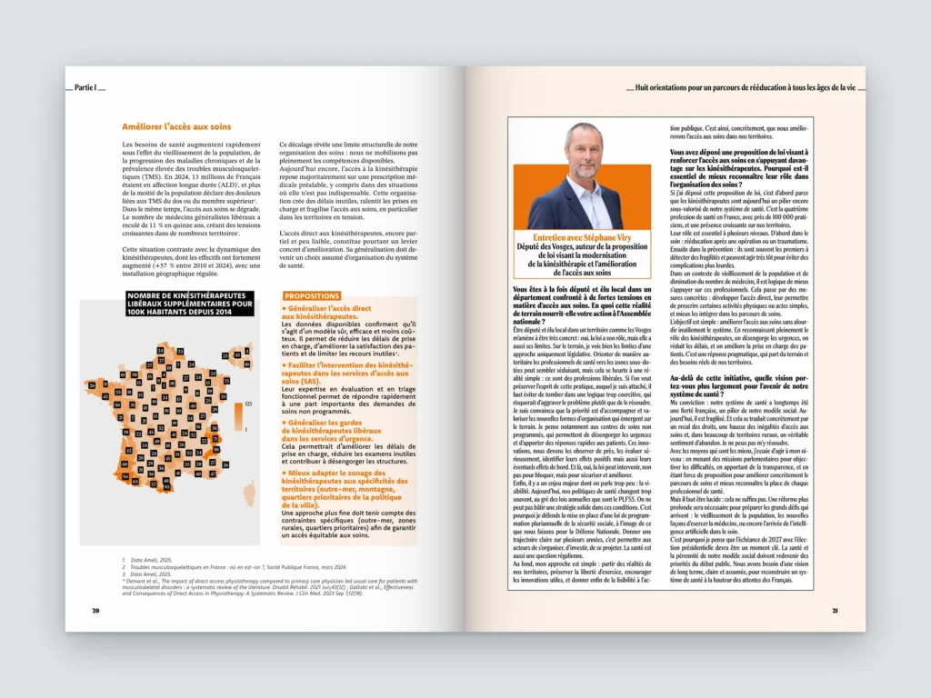 Mockup d'une double page d'interviews du Manifeste FFMKR, partie I : portraits d'interviewés et questions-réponses sur fond orange pâle