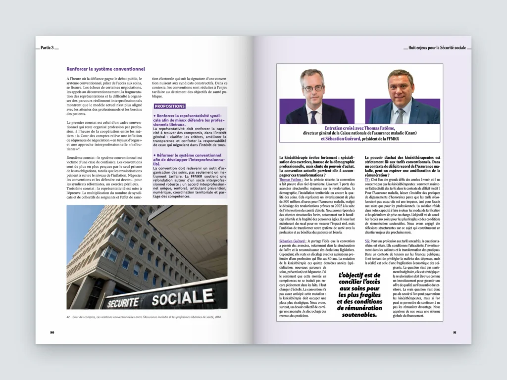 Mockup d'une double page d'interviews du Manifeste FFMKR, partie 3 : photo d'immeuble, portraits d'interviewés et questions-réponses sur fond violet pâle