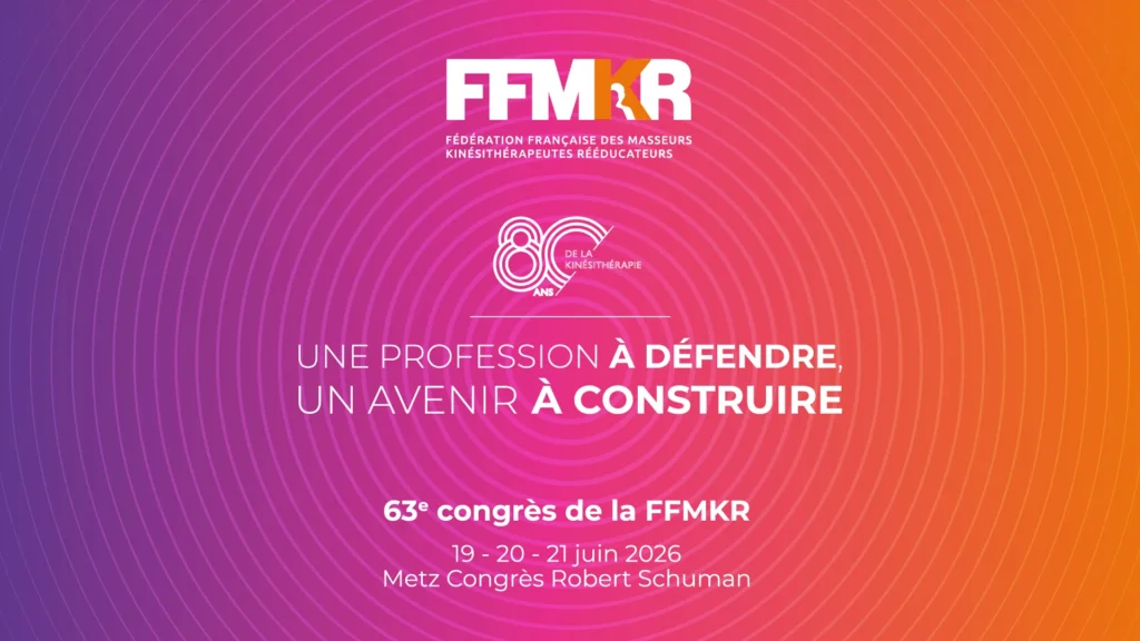 Fond de présentation du 63e congrès de la FFMKR, dégradé violet rose orange avec le logo des 80 ans de la kinésithérapie