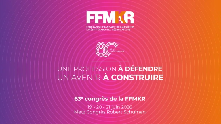 Fond de présentation du 63e congrès de la FFMKR, dégradé violet rose orange avec le logo des 80 ans de la kinésithérapie