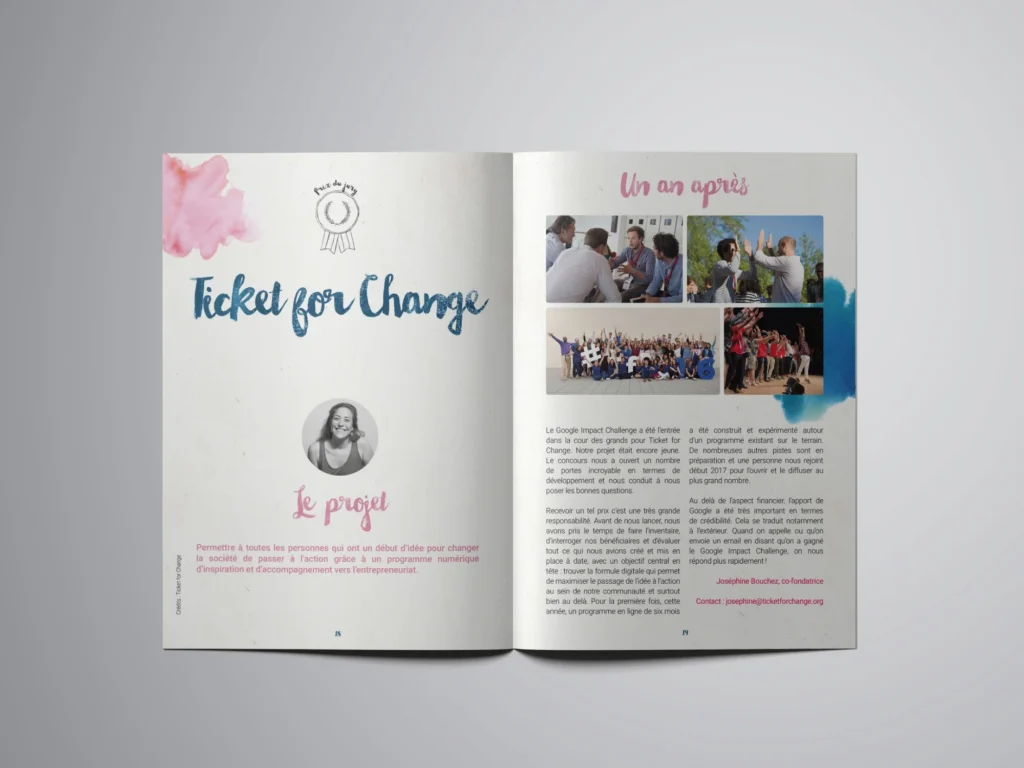 Mockup d'une double page de la brochure Google Impact Challenge France : projet Ticket for Change, prix du jury
