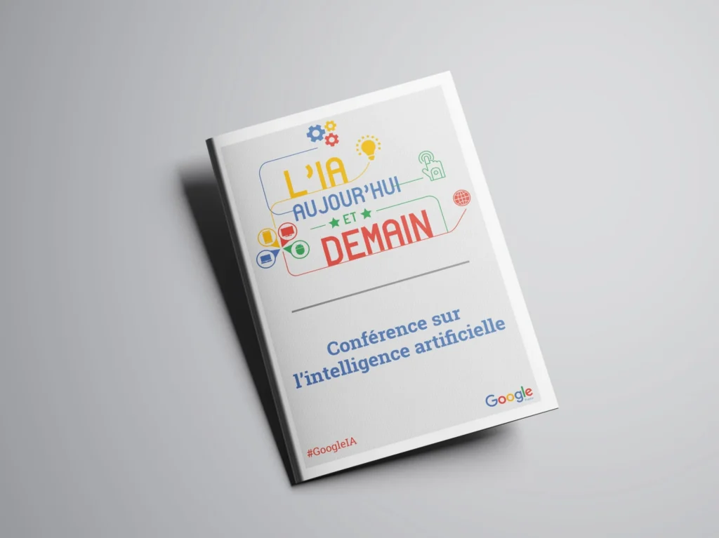 Mockup de la couverture du livret de la conférence « L'IA aujourd'hui et demain » de Google France