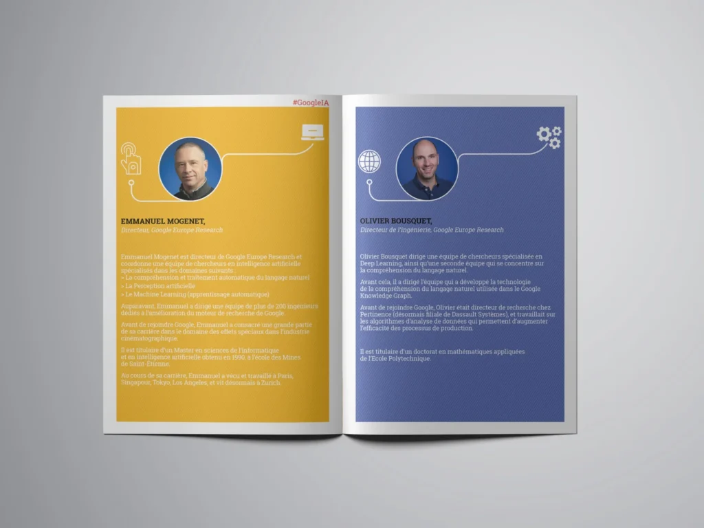 Mockup d'une double page du livret de la conférence sur l'IA de Google France : portraits d'intervenants sur fonds jaune et bleu