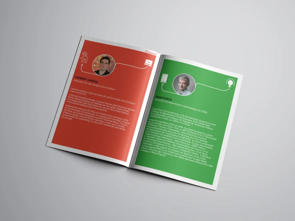 Mockup d'une double page du livret de la conférence sur l'IA de Google France : portraits d'intervenants sur fonds rouge et vert