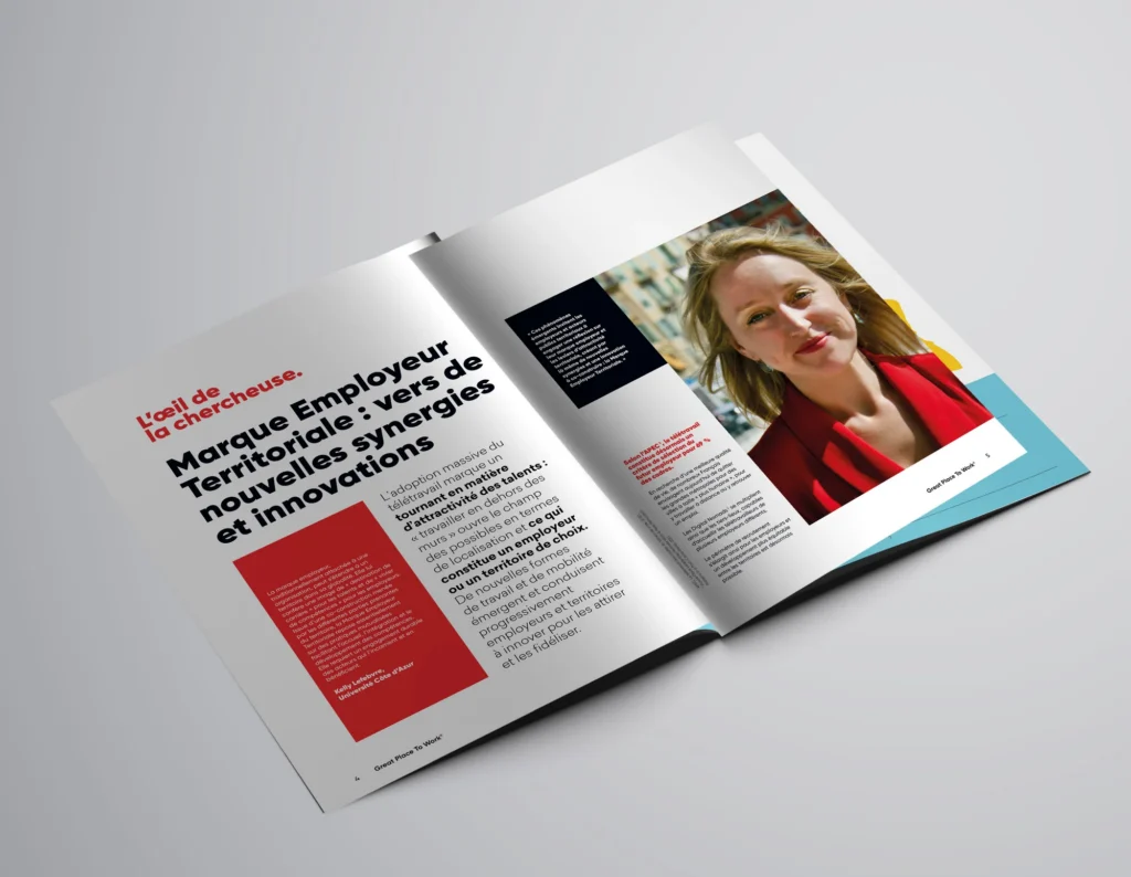 Mockup d'une double page du magazine Great Place to Work : marque employeur territoriale