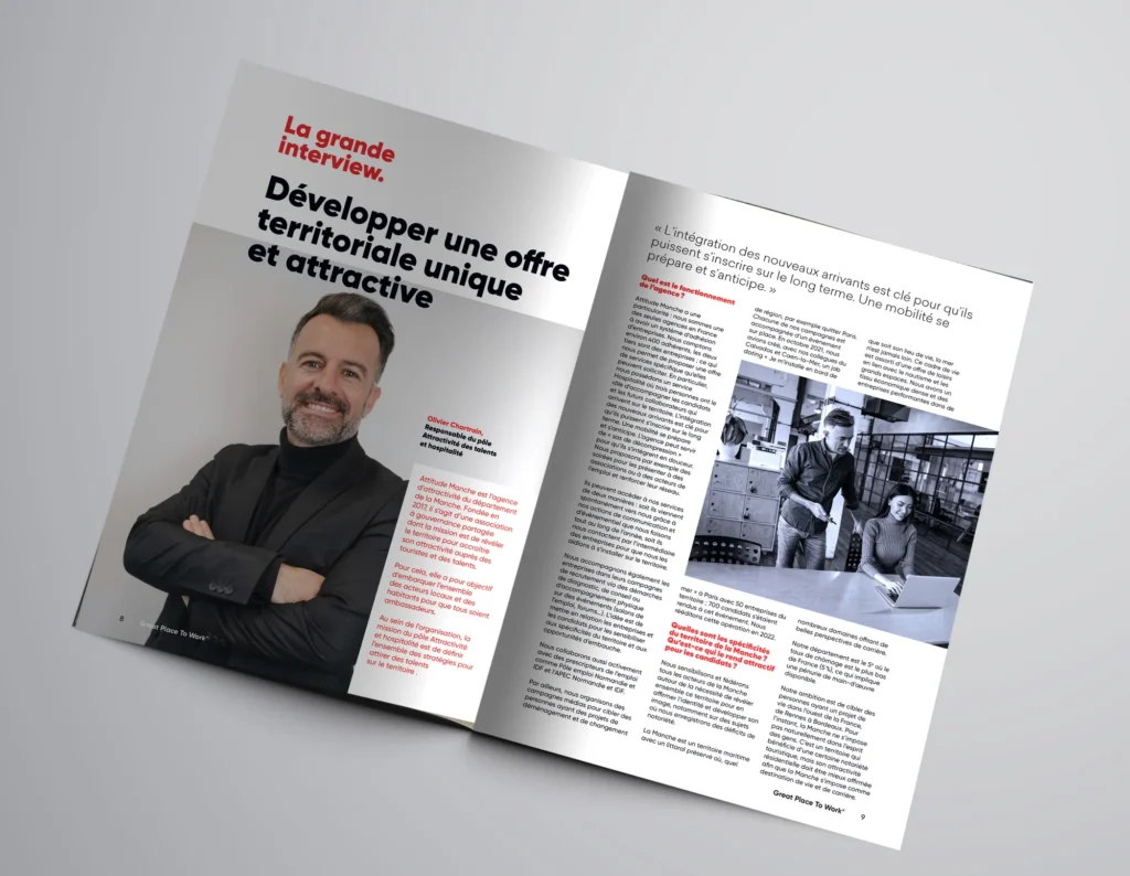 Mockup d'une double page du magazine Great Place to Work : la grande interview