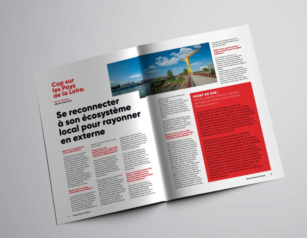 Mockup d'une double page du magazine Great Place to Work : cap sur les Pays de la Loire