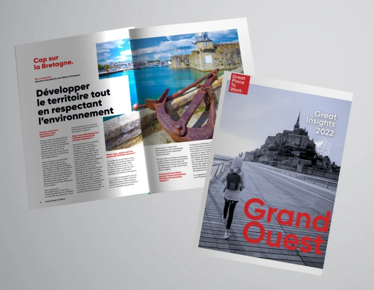 Mockup du magazine Great Place to Work : couverture et double page cap sur la Bretagne