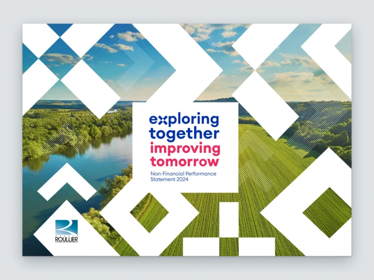 Mockup de la couverture de la déclaration de performance extra-financière 2024 du Groupe Roullier, « Exploring together, improving tomorrow »