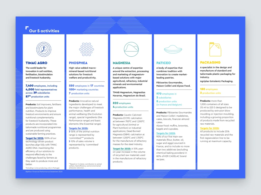 Mockup d'une page du rapport Roullier : les 5 activités du groupe (TIMAC AGRO, PHOSPHEA, MAGNESIA, PATICEO, PACKAGING) sur fond bleu