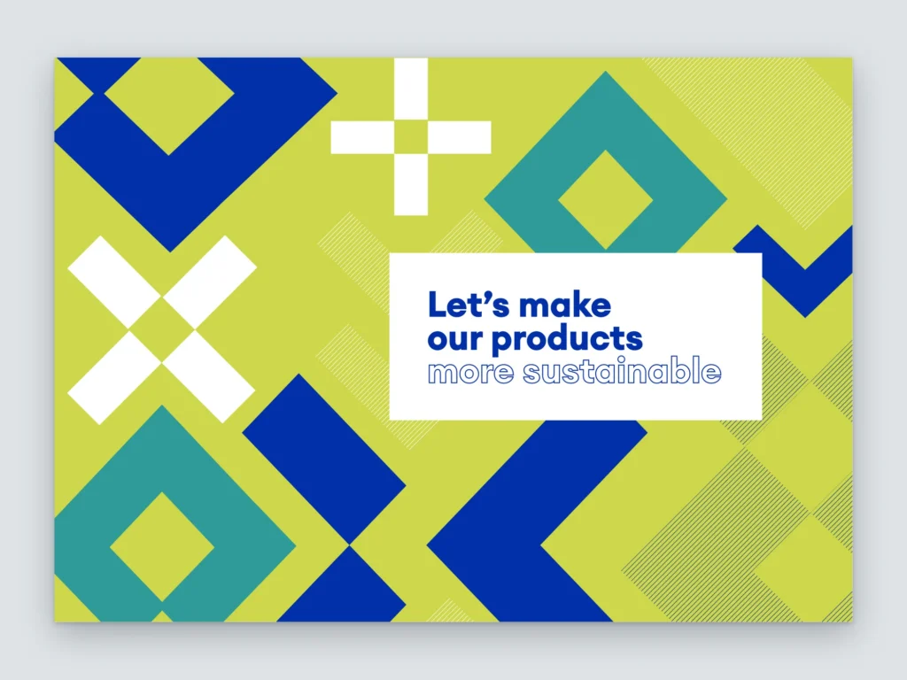 Mockup de la page d'ouverture « Let's make our products more sustainable » du rapport Roullier, motifs géométriques jaunes et verts