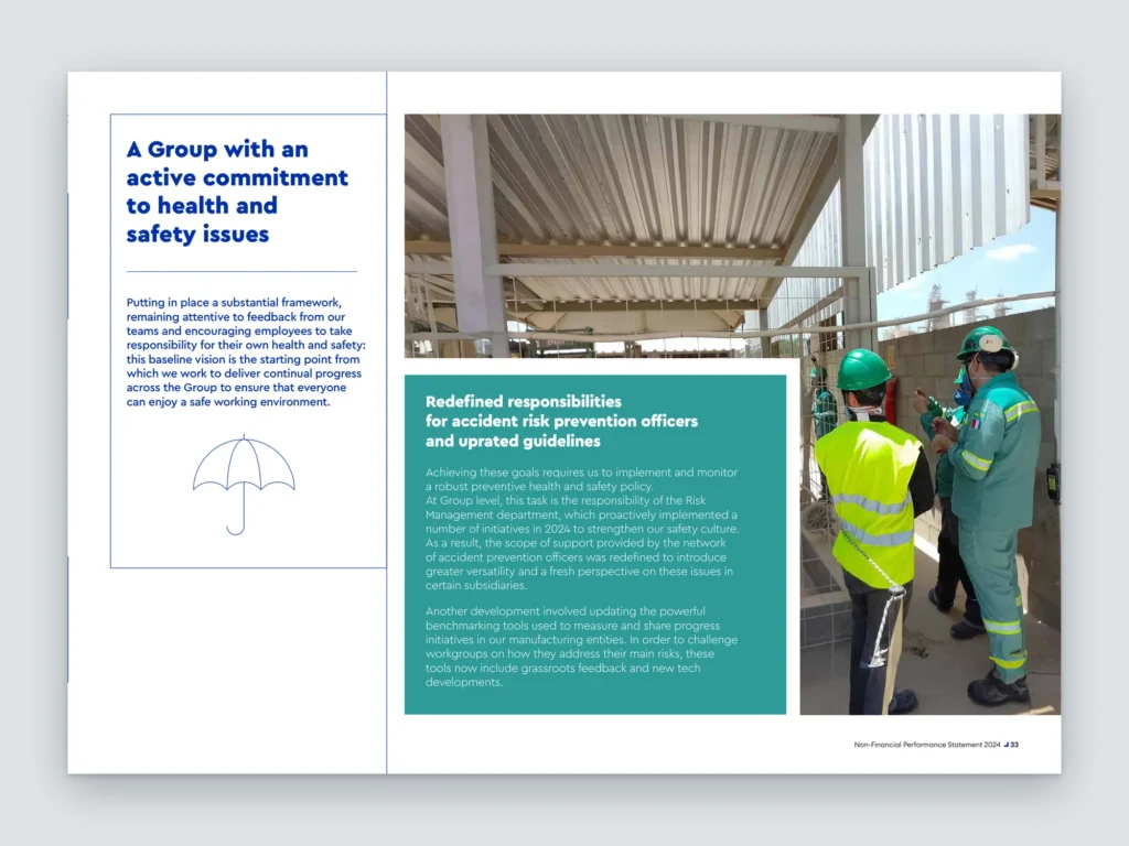 Mockup d'une page du rapport Roullier : engagement du groupe pour la santé et la sécurité, avec photos de chantier et graphiques