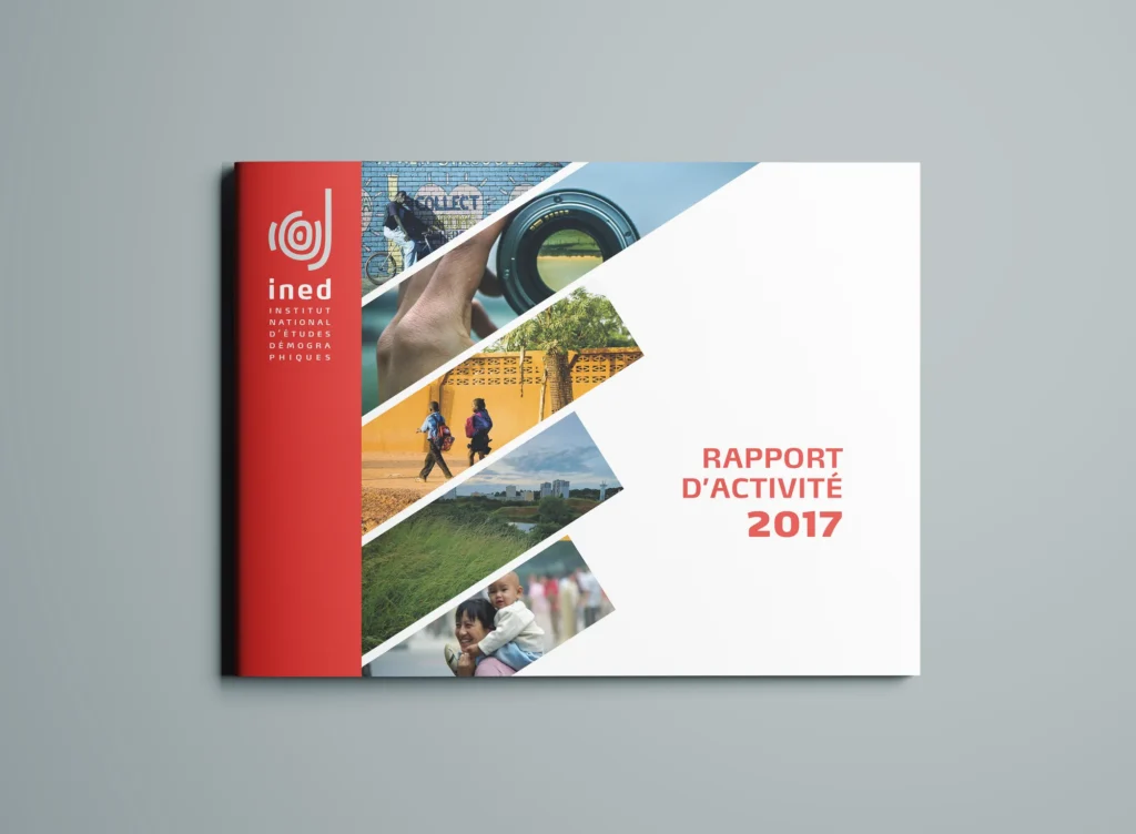 Mockup de la couverture du rapport d'activité 2017 de l'Institut national d'études démographiques (INED)
