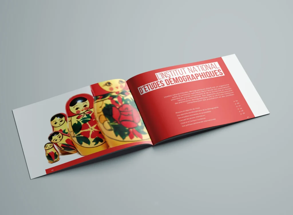 Mockup d'une double page du rapport d'activité de l'INED : présentation de l'Institut national d'études démographiques