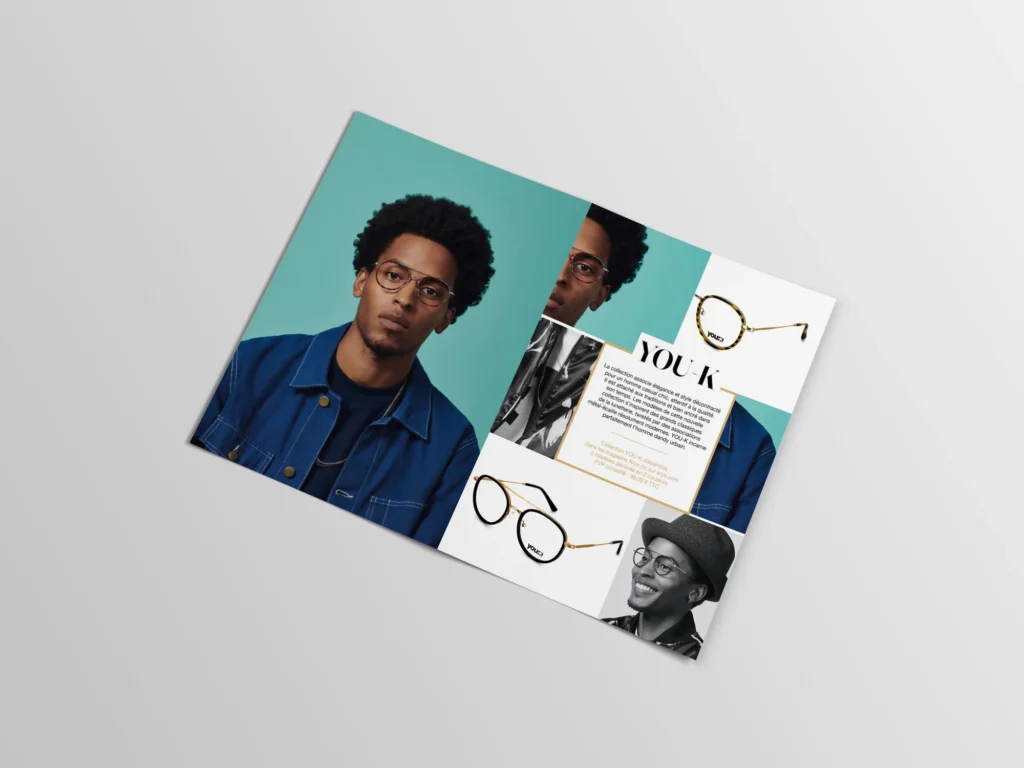 Mockup d'une double page du lookbook Krys : collection You K, portraits sur fond turquoise et montures