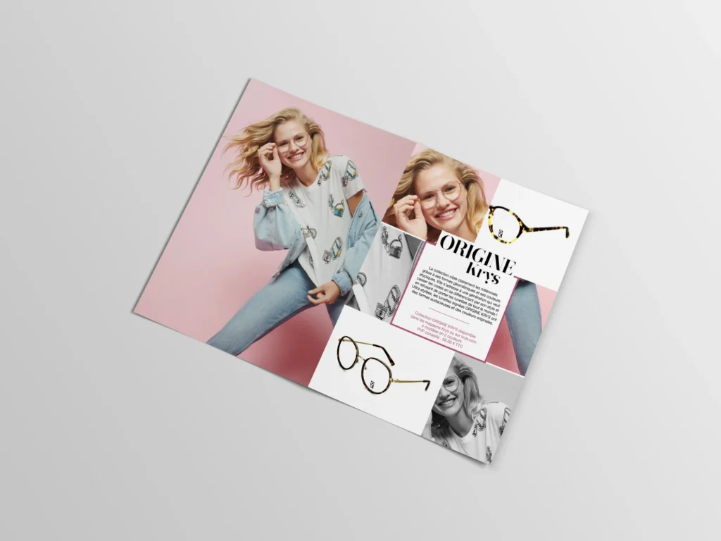 Mockup d'une double page du lookbook Krys : collection Origine, portrait sur fond rose et montures