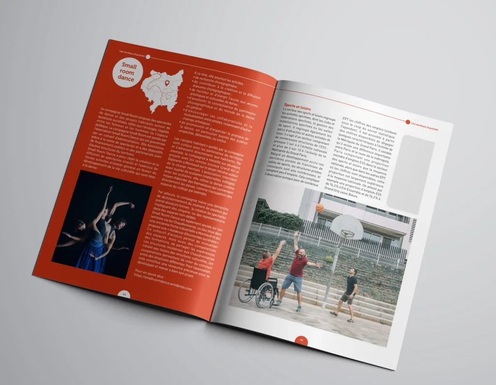 Mockup d'une double page de l'atlas de la Métropole du Grand Paris : Small Room Dance, sport et loisirs