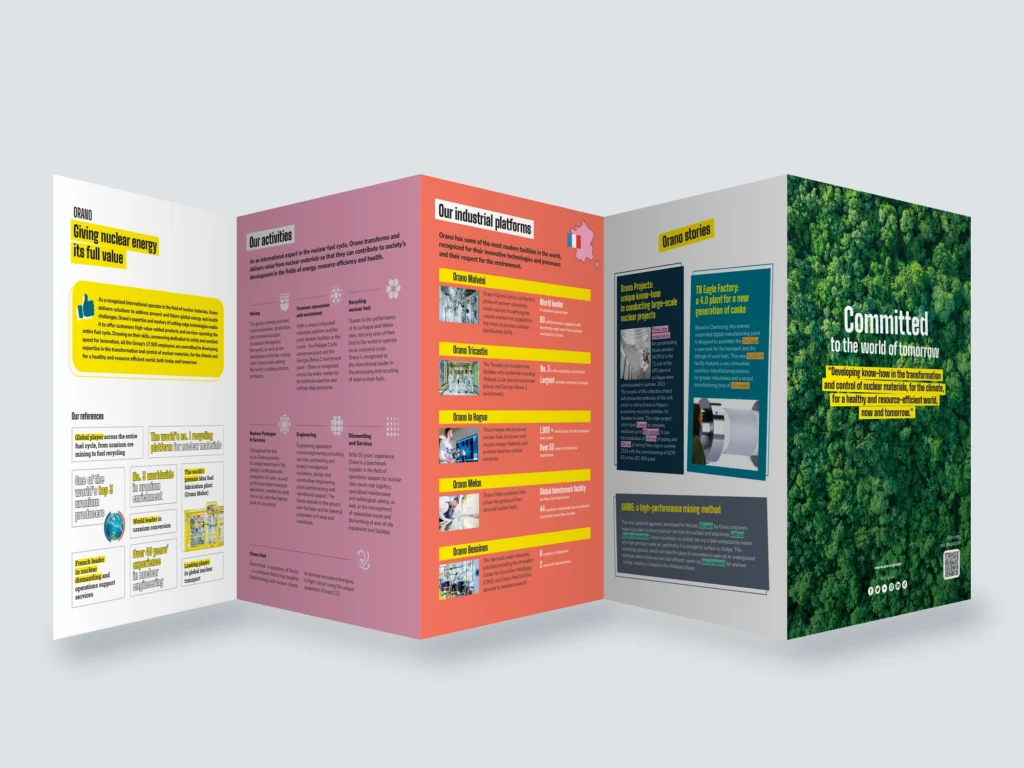 Mockup du dépliant Orano en accordéon, face intérieure : présentation du groupe, activités, plateformes industrielles, Orano stories et page « Committed to the world of tomorrow »