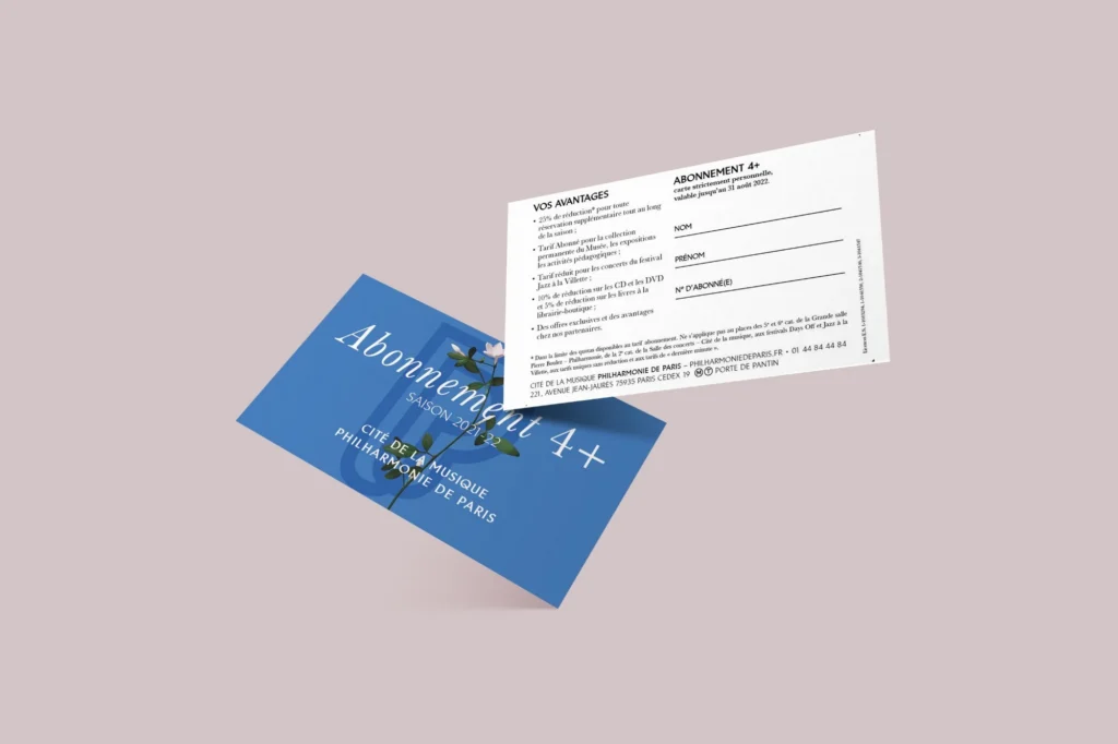 Mockup de la carte d'abonnement 4+ de la Philharmonie de Paris, saison 2021-22, recto et verso
