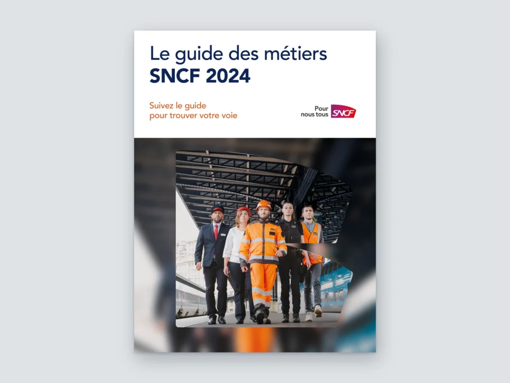 Mockup de la couverture du Guide des métiers SNCF 2024, « Suivez le guide pour trouver votre voie »
