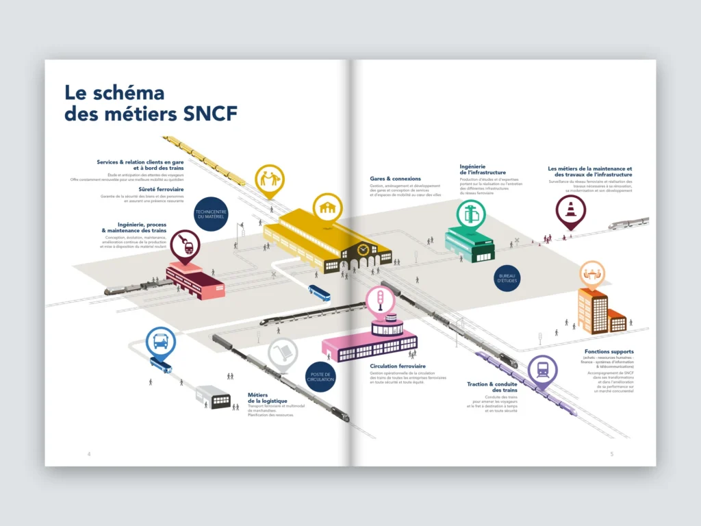 Double page du Guide des métiers SNCF 2024 : le schéma des métiers SNCF en illustration