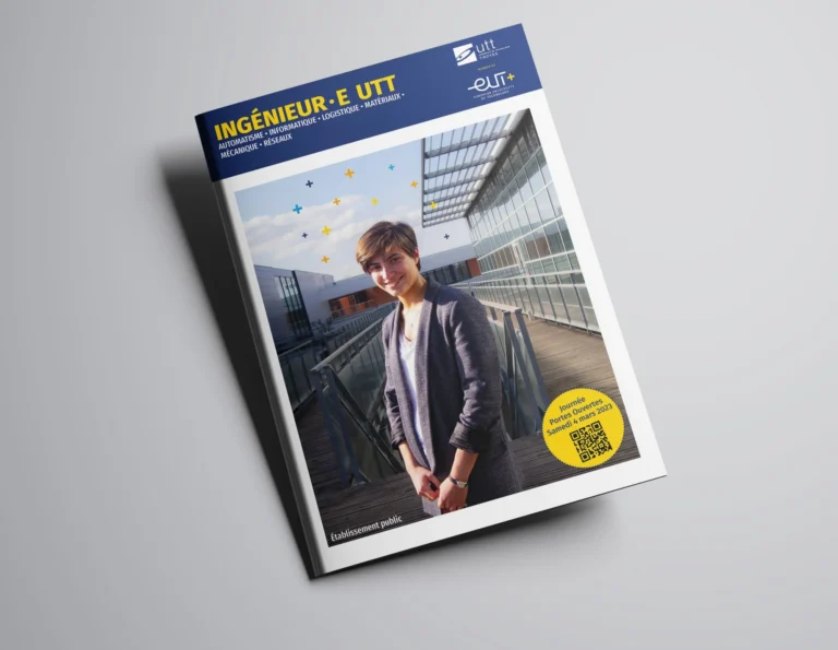 Mockup de la couverture de la brochure « Ingénieur·e UTT » de l'Université de technologie de Troyes, Journée Portes Ouvertes du 4 mars 2023