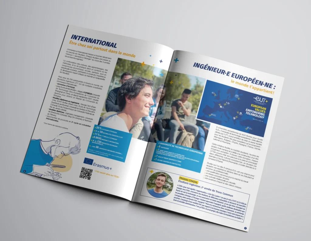 Mockup d'une double page de la brochure de l'UTT : international et ingénieur·e européen·ne, avec la carte de l'alliance EUt+