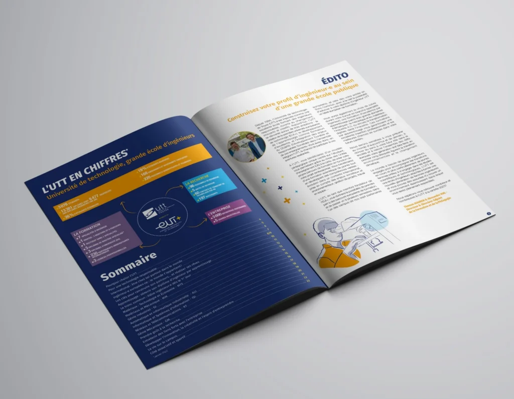 Mockup d'une double page de la brochure de l'UTT : l'UTT en chiffres, sommaire et édito