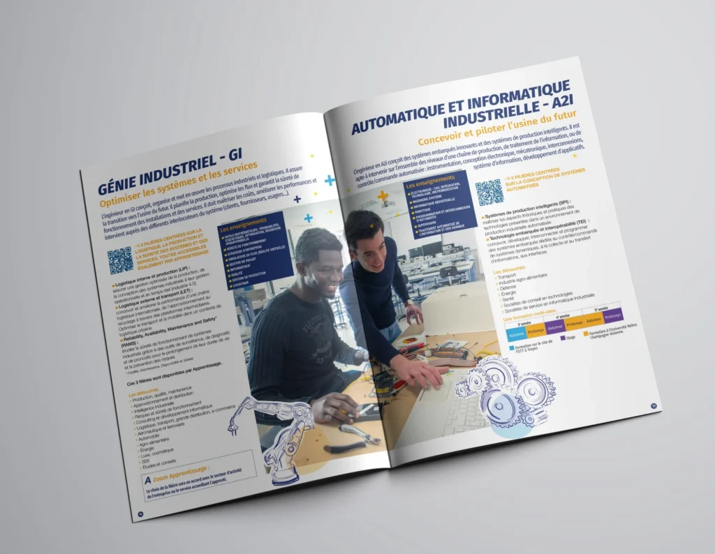Mockup d'une double page de la brochure de l'UTT : spécialités génie industriel et automatique et informatique industrielle