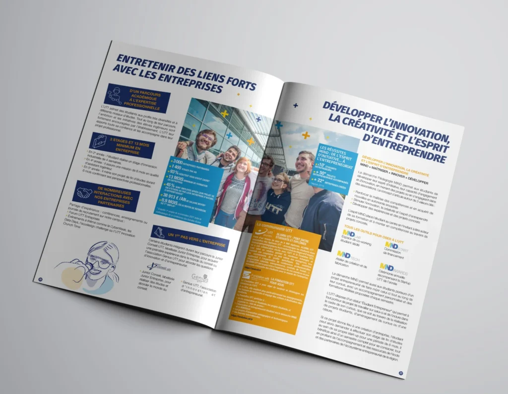 Mockup d'une double page de la brochure de l'UTT : liens avec les entreprises, innovation et esprit d'entreprendre
